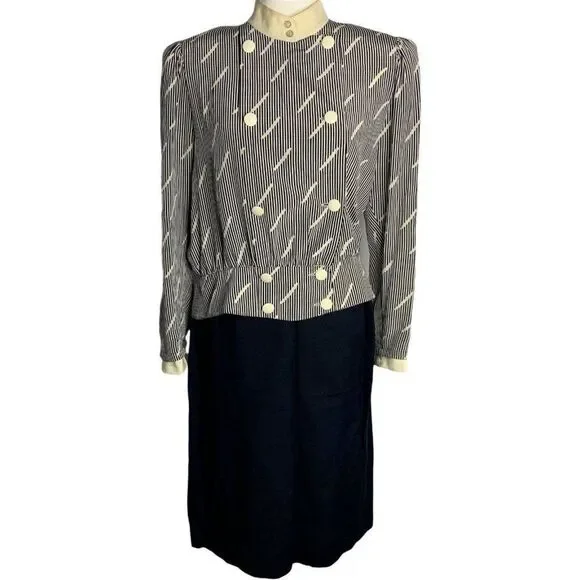 Vintage 80s Louis Feraud Top Skirt Set 12 Navy Blue Linen Silk Stripe - Picture 2 of 9